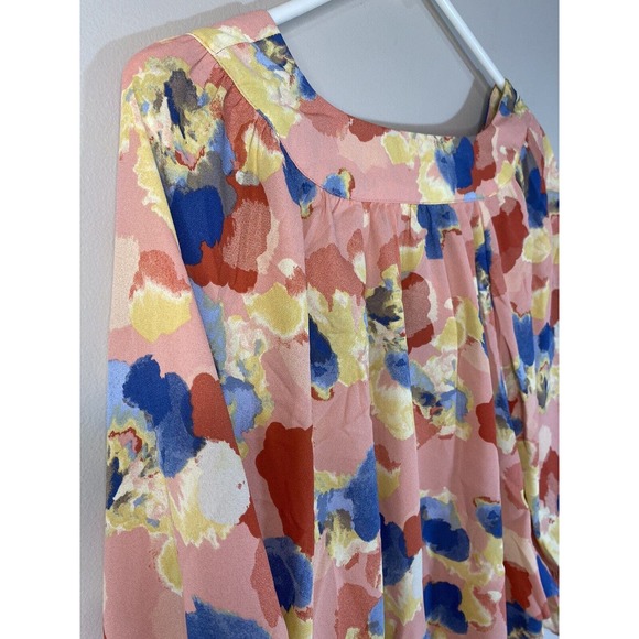 Shargano Womens MEDIUM Colorful Abstract Balloon Sleeves V Neck Button Up Blouse - Picture 9 of 11